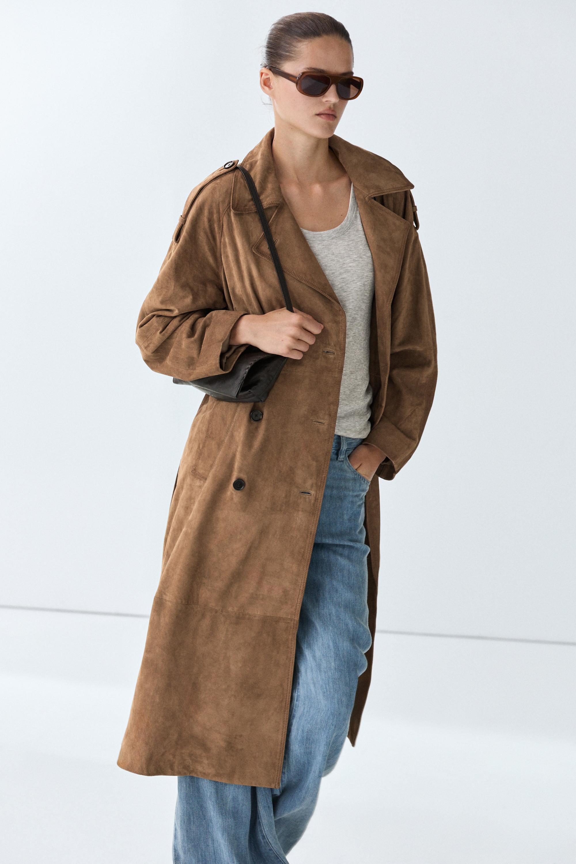 Trench long en cuir effet daim